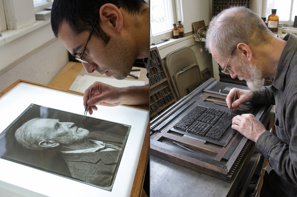 High-resolution split-screen photograph capturing historical printing craftsmanship: artisan retouching a glass collotype gelatin plate and another typesetting metal letters by hand.