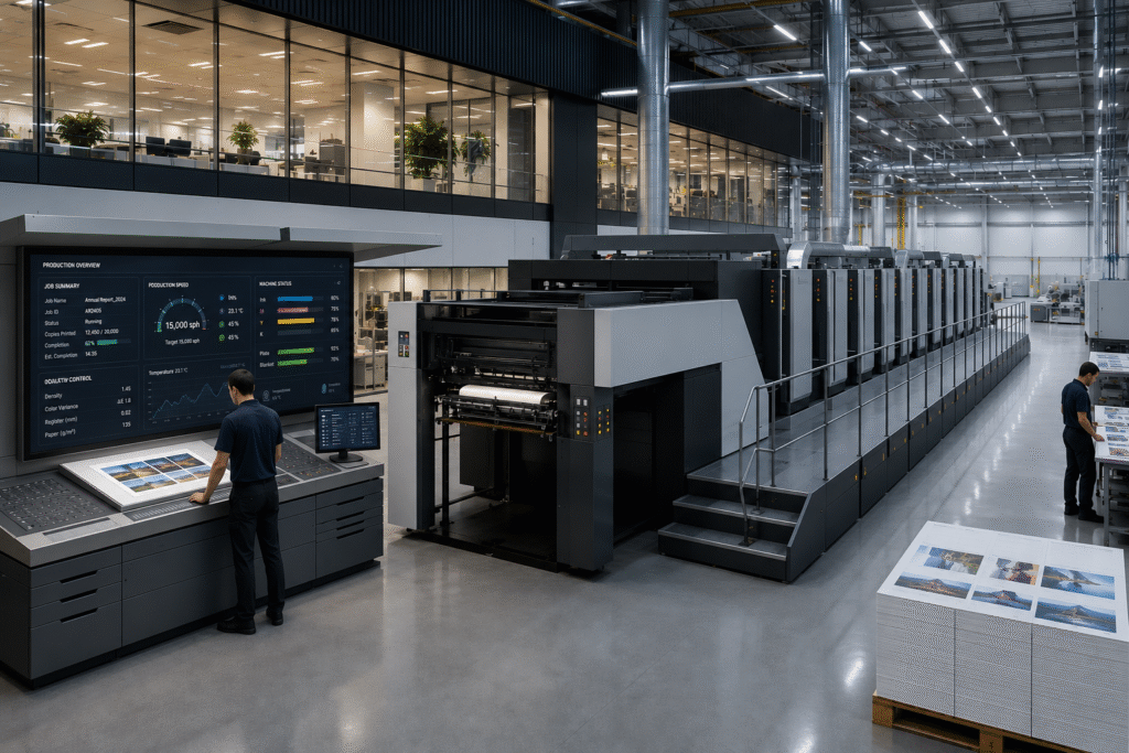 Modern sophisticated printing plant featuring a large industrial offset printing press, digital control workstation, printed sheet inspection area, and contemporary glass-walled offices in a clean, high-tech production facility.
