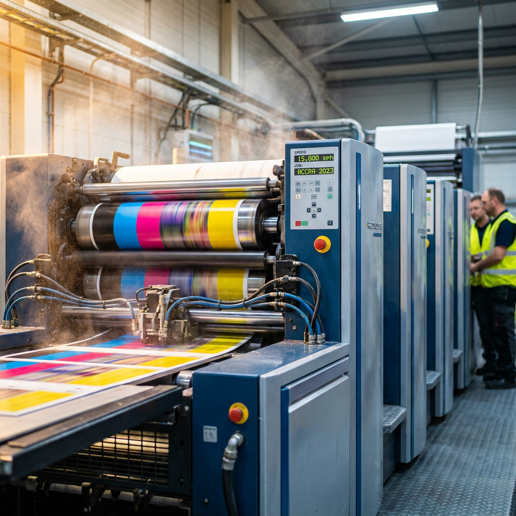 Modern industrial lithography offset printing press in action, showcasing high-speed CMYK production process and printing technicians in a facility.