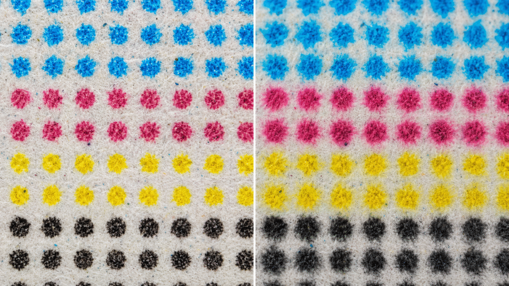 A microscopic split-screen comparison of halftone printing dots on porous recycled paper. The left side shows sharp, perfectly defined dots using bio-derived ink. The right side shows bleeding, halo effects, and high dot gain from conventional petroleum ink.