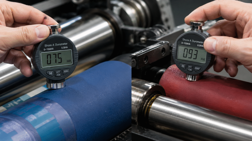 Precision durometer audit in a modern offset printing press measuring rubber roller and printing blanket hardness, showing roller compatibility testing and material compression analysis during maintenance inspection.