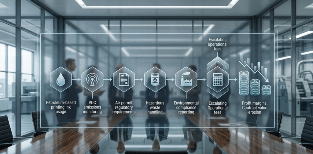 A corporate industrial finance visualization showing a large transparent holographic flowchart mapping the cost escalation chain. The chain starts with a drop of petroleum ink and moves through distinct, increasing layers for VOC monitoring, air permits, hazardous waste handling, and compliance reporting, all culminating in a visualization of diminishing profit margins and contract value erosion.