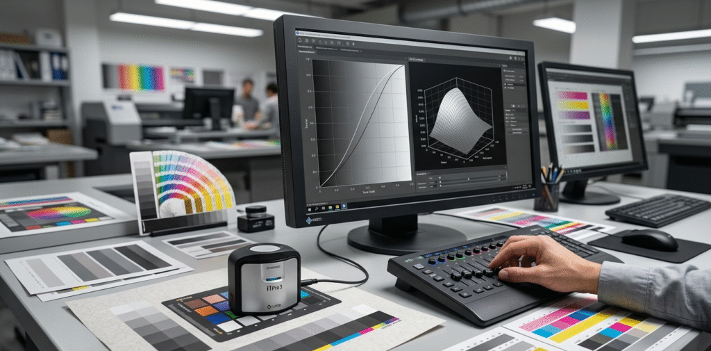 A high-end prepress calibration workstation showing a spectrophotometer measuring a test chart, a reference monitor displaying grayscale curves, and an operator hand adjusting a digital color control panel for accurate ICC profiling.