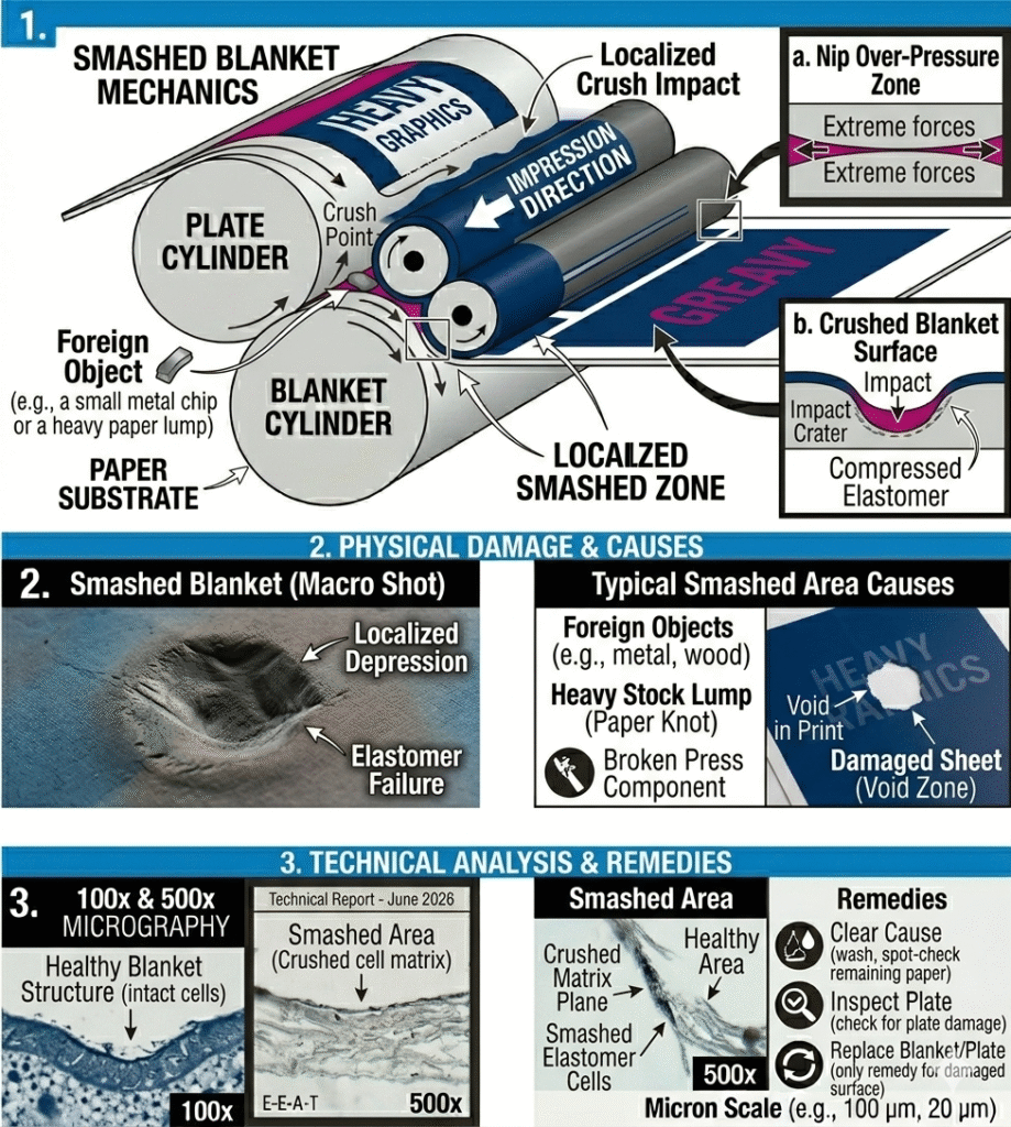 Technical multi-panel infographic illustrating the mechanics of an offset press smashed blanket defect, showing localized crush impact, irreversible elastomer failure, micrograph comparisons of normal vs. crushed cells, and detailed remedies.
