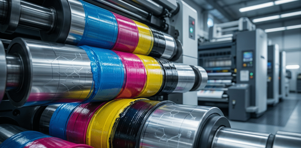 Close-up of premium industrial offset printing rollers coated in CMYK ink, featuring faint molecular structures reflecting off the steel, representing advanced bio-derived sustainable printing chemistry.