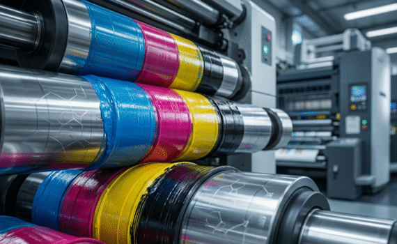 Close-up of premium industrial offset printing rollers coated in CMYK ink, featuring faint molecular structures reflecting off the steel, representing advanced bio-derived sustainable printing chemistry.