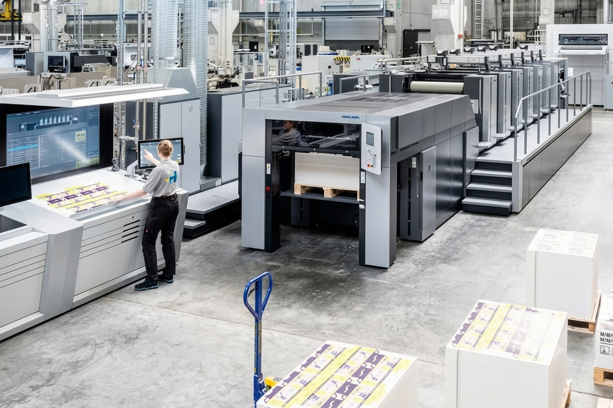 A high-speed multi-unit Heidelberg Speedmaster sheetfed offset printing press operating on a commercial pressroom floor, with an operator managing color calibration at the automated control console.