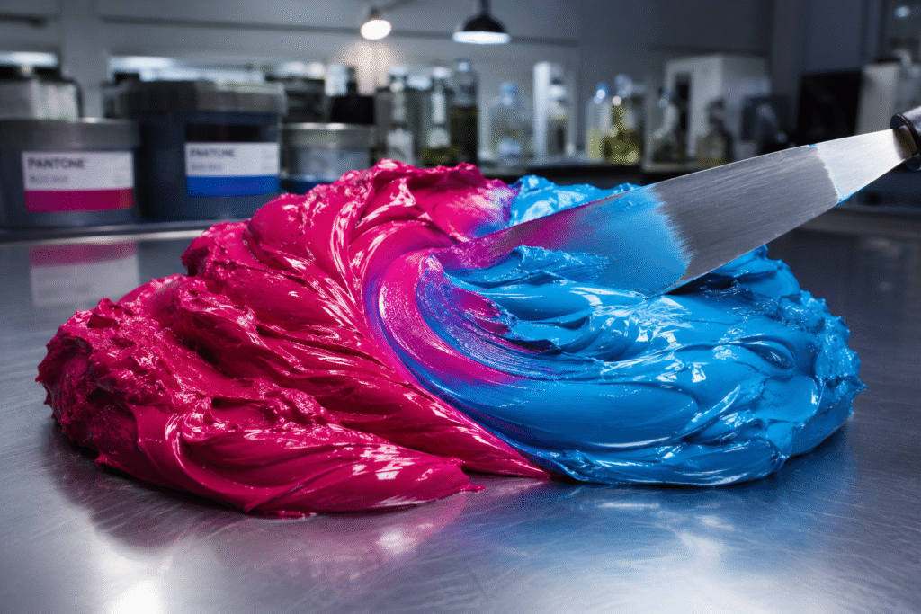 A high-resolution close-up of thick, high-viscosity cyan and magenta offset printing inks being blended with a steel ink knife in a commercial print laboratory.