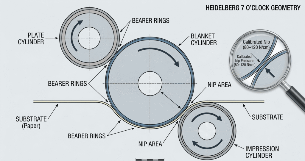 A schematic diagram showing the relationship between the Plate Cylinder, the Blanket Cylinder, and the Impression Cylinder in a sheetfed offset printing unit.