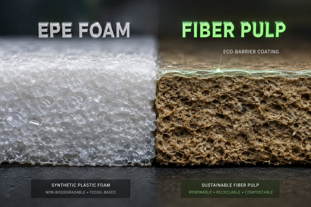 Macro cross-section comparing synthetic white EPE plastic foam on the left with sustainable brown molded fiber pulp on the right. The fiber pulp features a microscopically thin eco-barrier coating, illustrating the print industry's shift towards renewable and recyclable packaging materials.