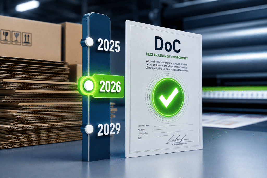 3D infographic timeline showing the packaging regulation transition from 2025 to 2029, highlighting the crucial year 2026 next to a Declaration of Conformity (DoC) document with a green approval checkmark, set against a background of corrugated cardboard in a printing facility.