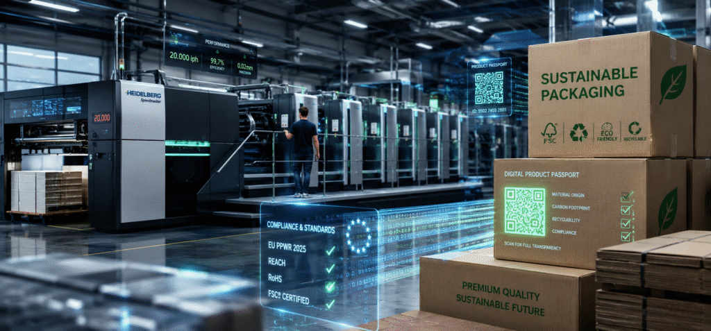 Modern offset printing press producing sustainable cardboard boxes with holographic Digital Product Passport QR codes for EU PPWR 2026 compliance.