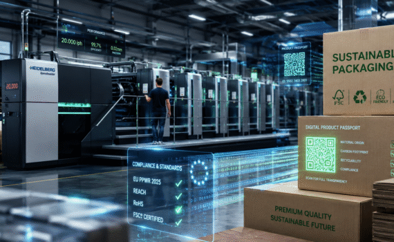 Modern offset printing press producing sustainable cardboard boxes with holographic Digital Product Passport QR codes for EU PPWR 2026 compliance.