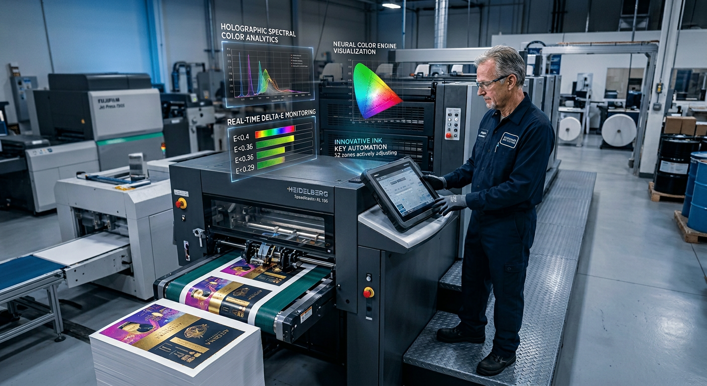 ai-color-management-printing-press Agentic AI color management system controlling modern commercial printing presses.
