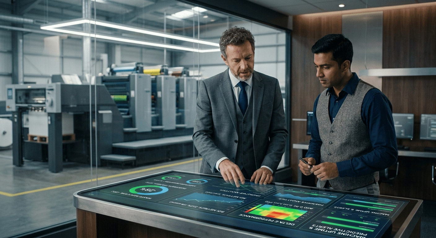 ai-printing-roi-waste-reduction-dashboard Print production executives analyzing AI-driven ROI and waste reduction dashboards.