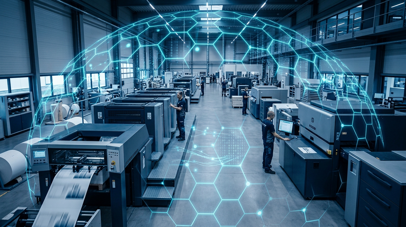 cybersecurity-smart-printing-industrial-facility A wide-angle view of a modern industrial printing floor with offset presses protected by a glowing blue digital hexagonal cybersecurity shield.