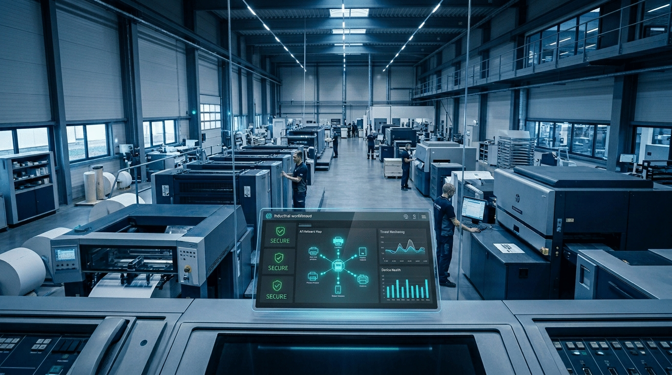 unified-cybersecurity-dashboard-print-production A digital security dashboard on a tablet overlooking a busy printing production line, showing "SECURE" status icons and a network map of connected devices.