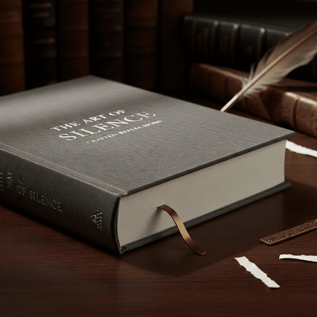 Luxury_Publishing_Mockups An ultra-realistic editorial photograph of a premium charcoal-grey linen hardcover book titled 'THE ART OF SILENCE' resting on a dark wood table. The image features soft directional lighting, a debossed silver foil title, and thick cream-colored pages, captured with a shallow depth of field for a cinematic, high-end aesthetic.