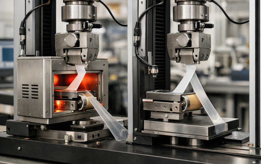 Conceptual digital illustration of side-by-side mechanical tensile testers evaluating the peel force of PET release films. The left setup features a heated chamber simulating a hot peel environment, while the right performs a cold peel test.