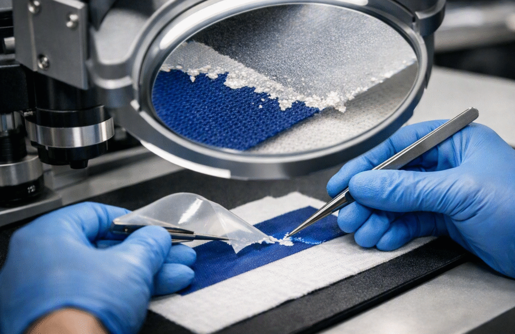 Conceptual digital illustration of a close-up quality inspection of a heat transfer print on fabric using tweezers under a magnifying glass to evaluate peel edge definition and adhesive layer bonding.
