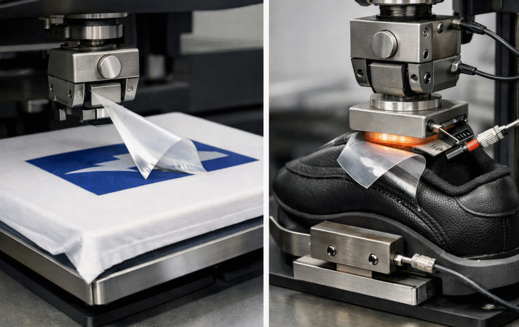 Conceptual digital illustration comparing PET release film application on a flat apparel substrate (left) versus a curved footwear surface (right) using industrial heat press equipment.