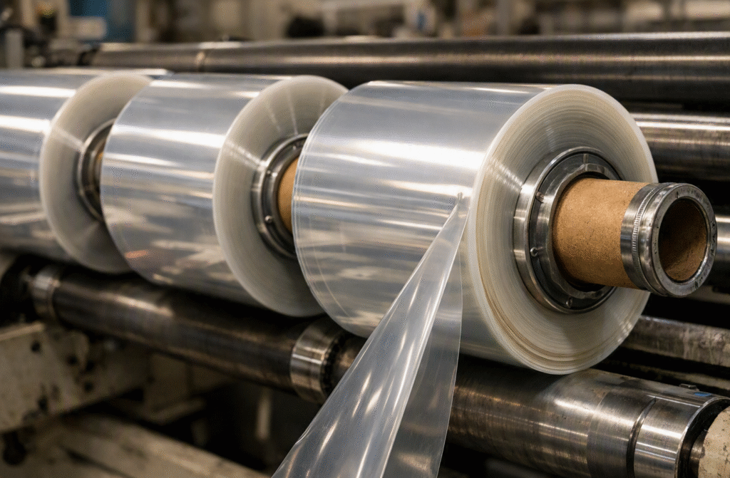 Conceptual digital illustration of industrial rolls of clear PET release film mounted on a slitter-rewinder machine in a manufacturing facility, highlighting the roll structure, cardboard cores, and film transparency.