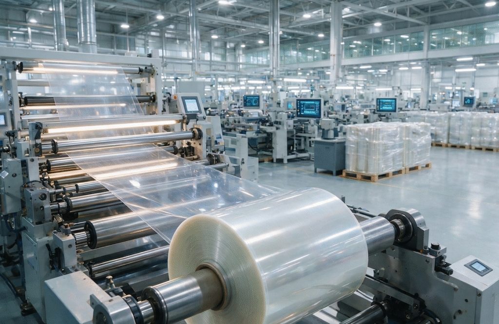 Conceptual digital illustration of an advanced industrial manufacturing line processing a large master roll of transparent PET release film in a modern production facility.