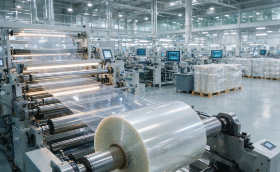 Conceptual digital illustration of an advanced industrial manufacturing line processing a large master roll of transparent PET release film in a modern production facility.