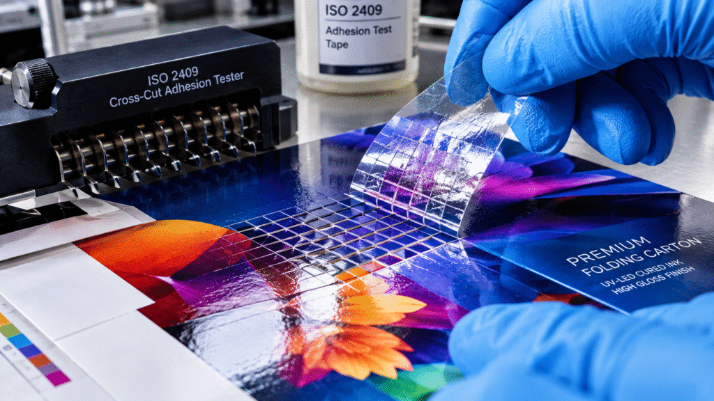 ISO 2409 cross-cut adhesion test on UV-LED cured printed folding carton with adhesive tape