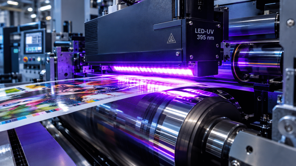 Modern sheetfed offset printing press with 395nm LED-UV curing fresh glossy ink on a moving paper sheet