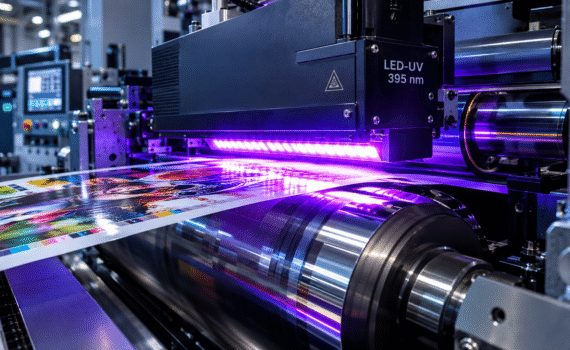 Modern sheetfed offset printing press with 395nm LED-UV curing fresh glossy ink on a moving paper sheet