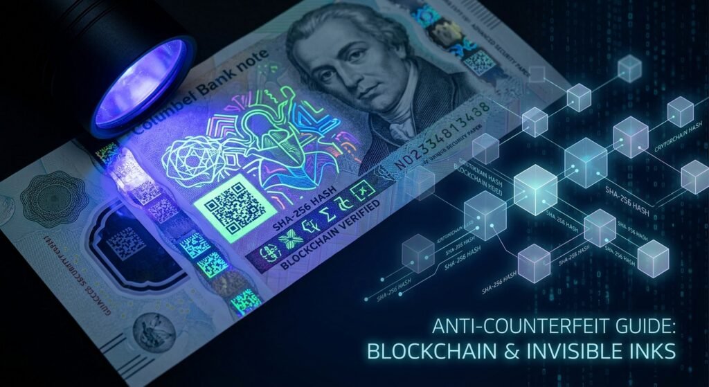 UV lamp illuminating security banknote with invisible inks and blockchain hash network for anti-counterfeit protection.