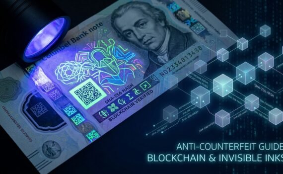 UV lamp illuminating security banknote with invisible inks and blockchain hash network for anti-counterfeit protection.