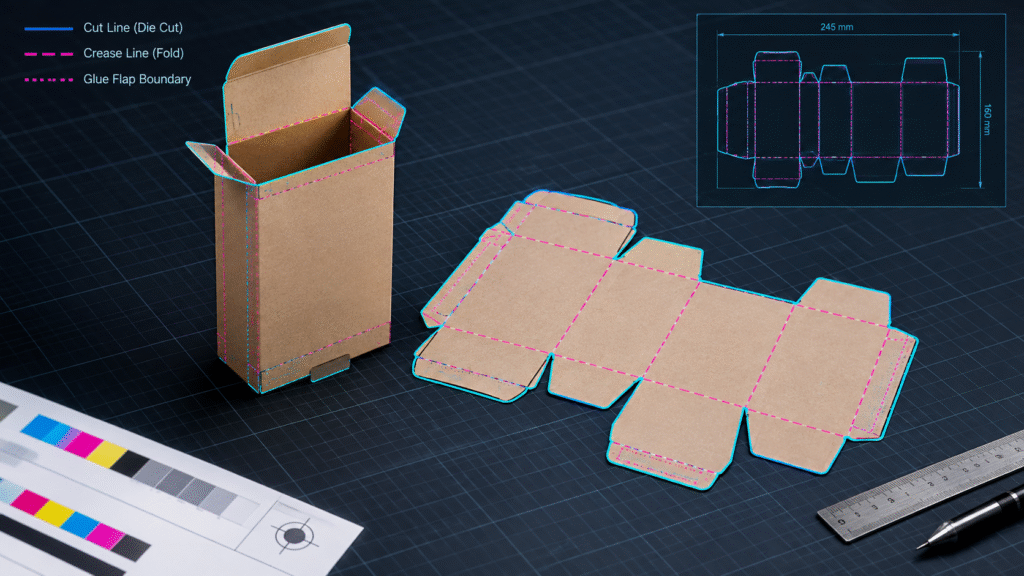 Modern 3D representation of a Key Line Drawing in Packaging (KLD in Packaging) showing precise cut lines, crease lines, and glue flap boundaries overlaid on a folding carton.