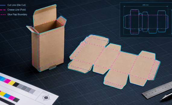 Modern 3D representation of a Key Line Drawing (KLD) showing precise cut lines, crease lines, and glue flap boundaries overlaid on a folding carton.