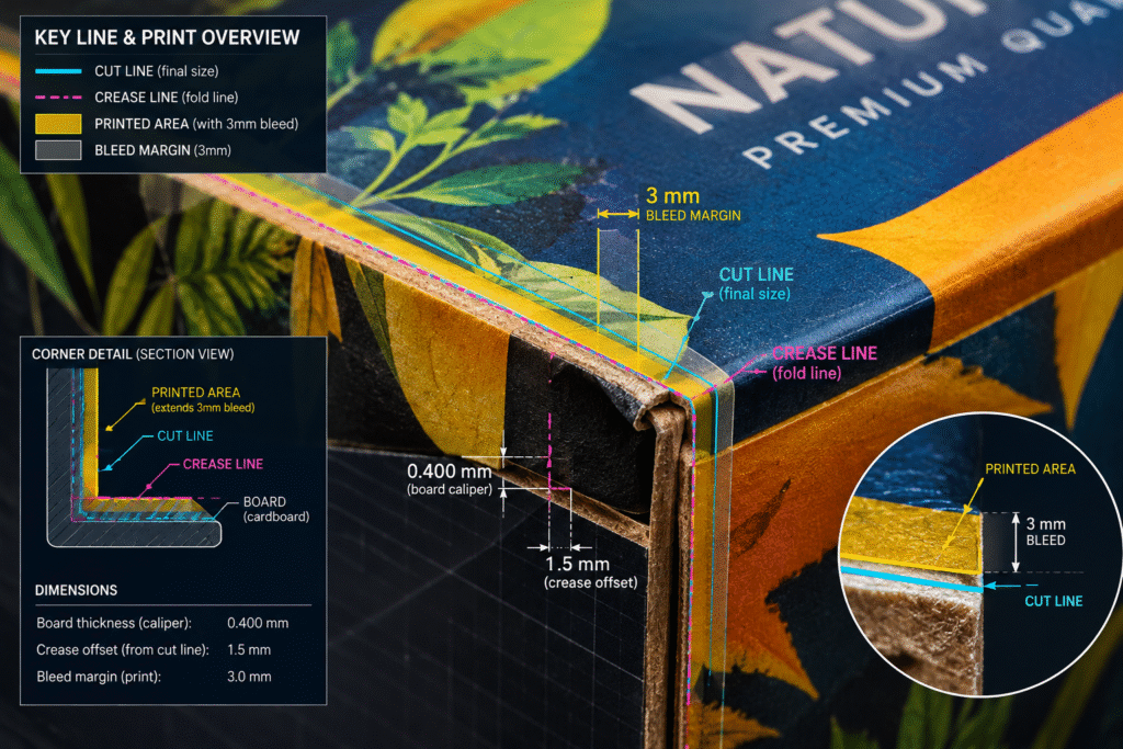 Macro close-up diagram of packaging KLD parameters showing cut lines, 3mm bleed overlap, and crease offsets on cardboard.