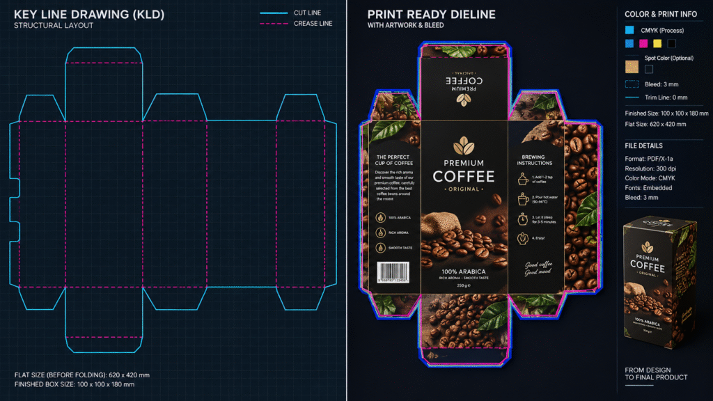 Side by side comparison of a vector packaging KLD line drawing and a final print-ready dieline with artwork.