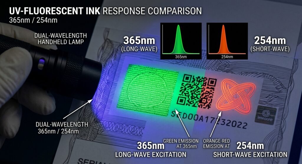 UV-fluorescent ink excitation response under 365 nm wavelength on security packaging